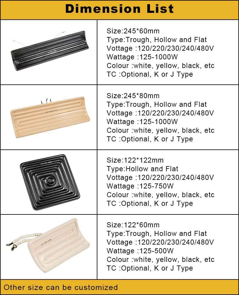 Quarter Trough Element Ceramic Infrared Heater sizes